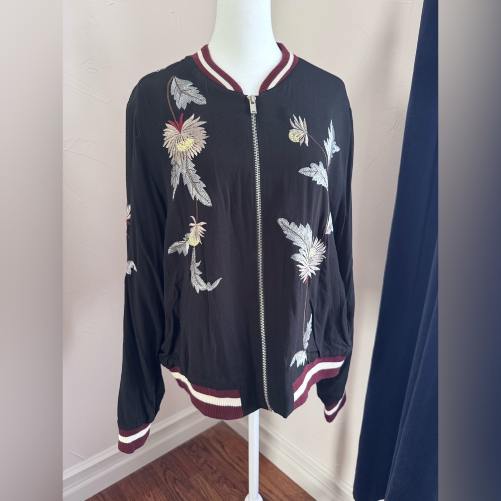 Black Bomber Jacket with Floral Embroidery